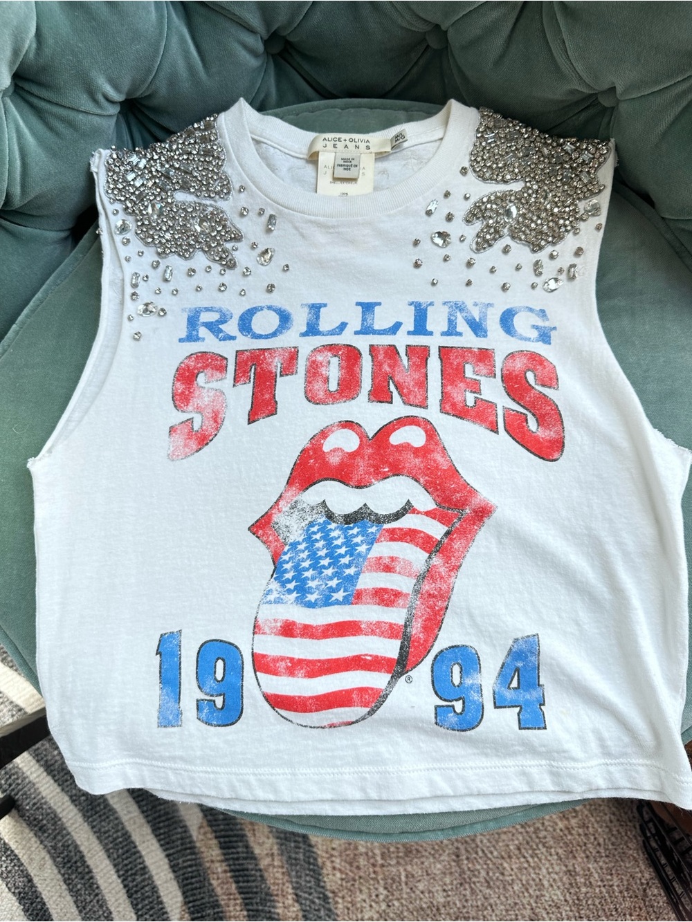 Alice + Olivia White Rolling Stones Graphic Crop Top with Red & Blue Accents